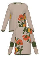 poppies for monica womens knit sweater front and back view in coco brown with burnt orange, mustard, and olive color accents by soundoff
