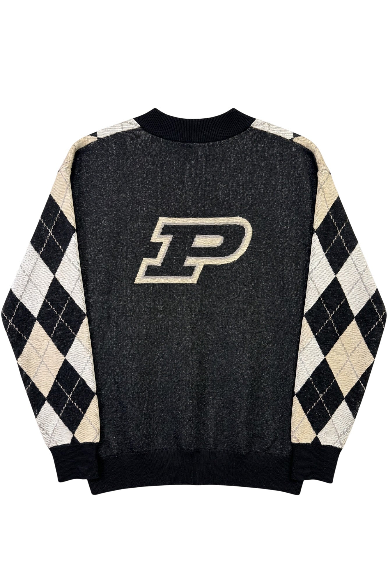 Purdue University Argyle Knit Cardigan Sweater in Black, White and Beige with Grey accents, Black trim and knit-in Purdue Motion P by SOUNDOFF - BACK