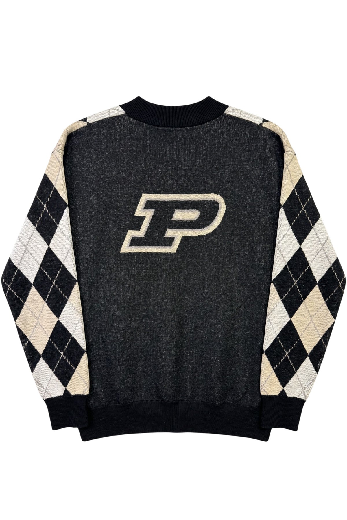 Purdue University Argyle Knit Cardigan Sweater in Black, White and Beige with Grey accents, Black trim and knit-in Purdue Motion P by SOUNDOFF - BACK
