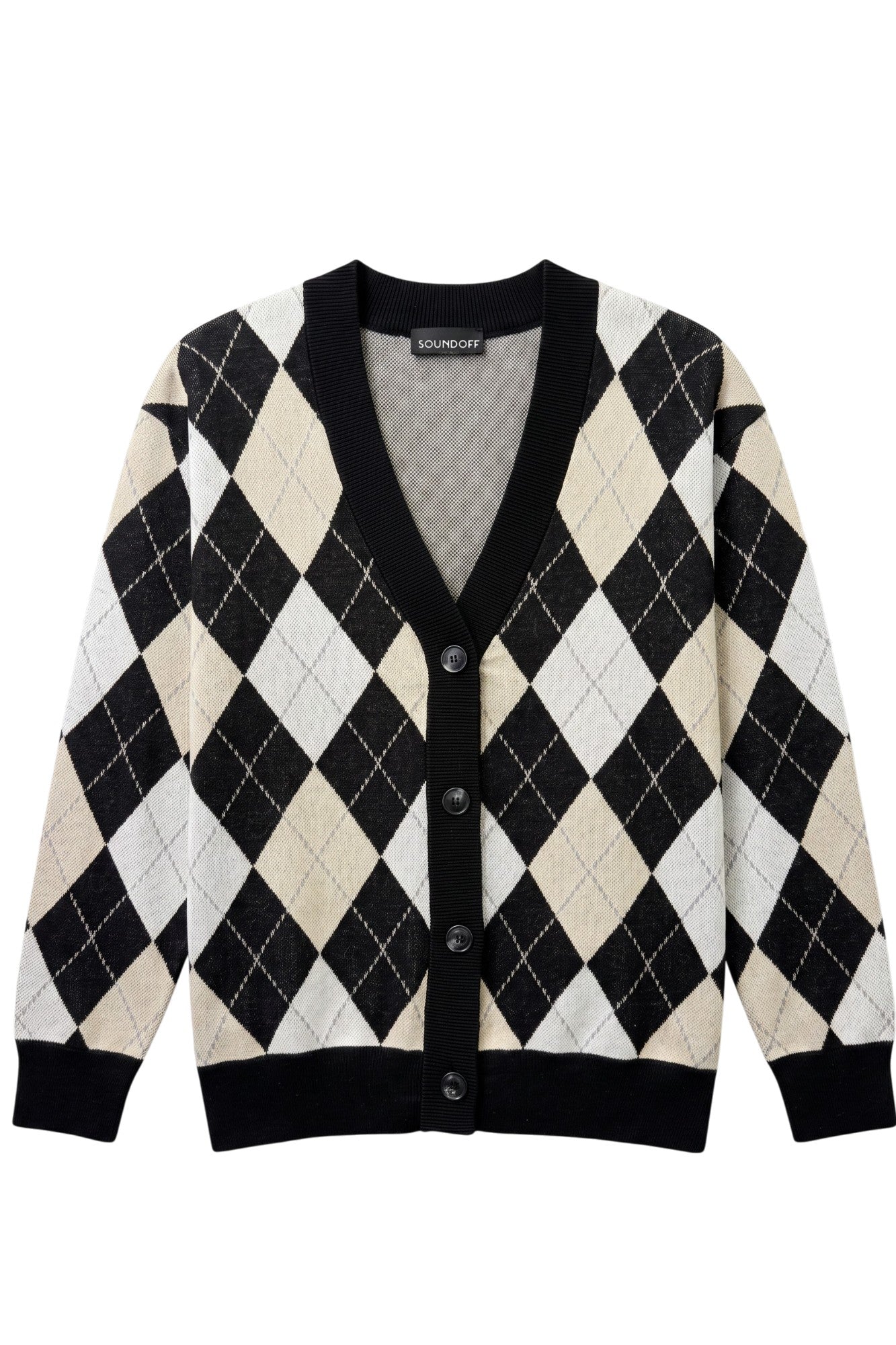Purdue University Argyle Knit Cardigan Sweater in Black, White and Beige with Grey accents, Black trim and knit-in Purdue Motion P by SOUNDOFF - FRONT