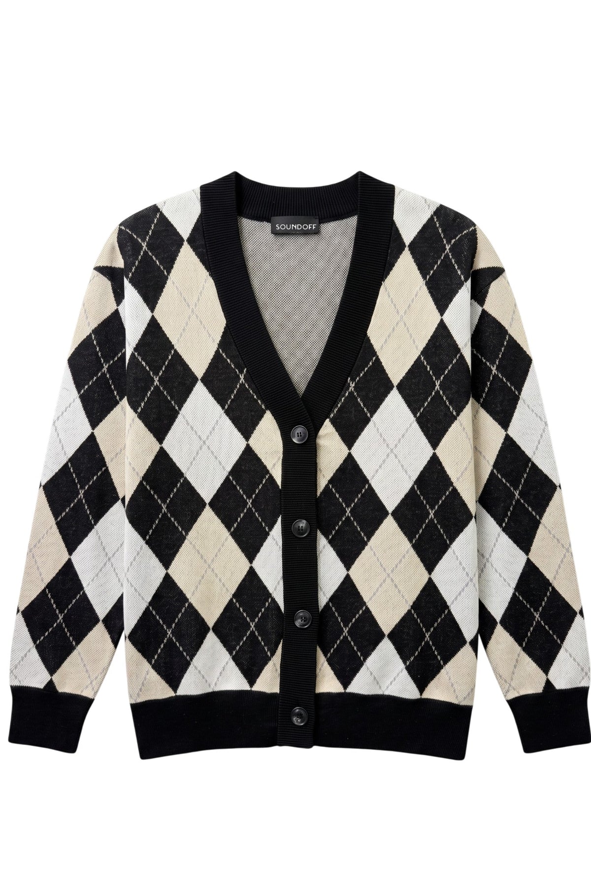 Purdue University Argyle Knit Cardigan Sweater in Black, White and Beige with Grey accents, Black trim and knit-in Purdue Motion P by SOUNDOFF - FRONT