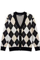 Purdue University Argyle Knit Cardigan Sweater in Black, White and Beige with Grey accents, Black trim and knit-in Purdue Motion P by SOUNDOFF - FRONT