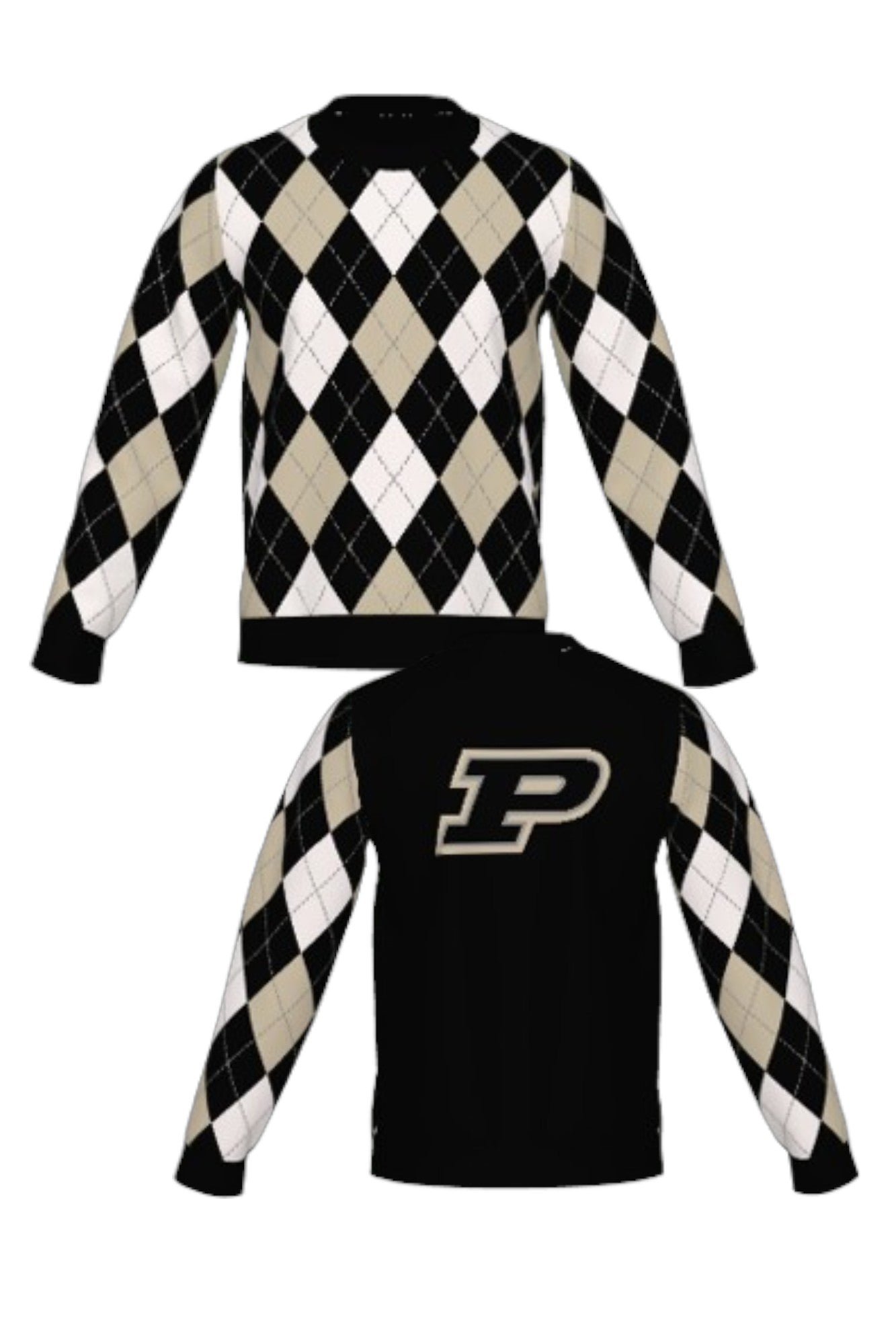 Purdue University Argyle Knit Crew Neck Sweater in Black, White and Beige with Grey accents, Black trim and knit-in Purdue Motion P by SOUNDOFF - FRONT and BACK