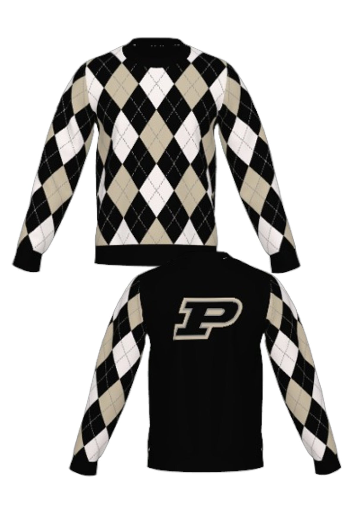 Purdue University Argyle Knit Crew Neck Sweater in Black, White and Beige with Grey accents, Black trim and knit-in Purdue Motion P by SOUNDOFF - FRONT and BACK