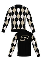 Purdue University Argyle Knit Crew Neck Sweater in Black, White and Beige with Grey accents, Black trim and knit-in Purdue Motion P by SOUNDOFF - FRONT and BACK
