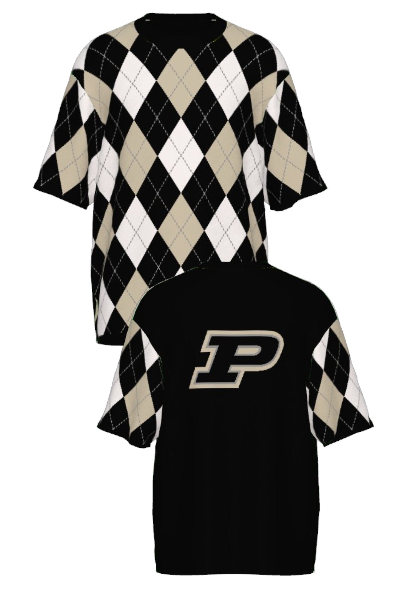 Purdue University Argyle Knit Short Sleeve Sweater in Black, White and Beige with Grey accents, Black trim and knit-in Purdue Motion P by SOUNDOFF - FRONT and BACK