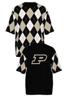 Purdue University Argyle Knit Short Sleeve Sweater in Black, White and Beige with Grey accents, Black trim and knit-in Purdue Motion P by SOUNDOFF - FRONT and BACK