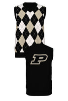 Purdue University Argyle Knit V-Neck Vest Sweater in Black, White and Beige with Grey accents, Black trim and knit-in Purdue Motion P by SOUNDOFF - FRONT and BACK