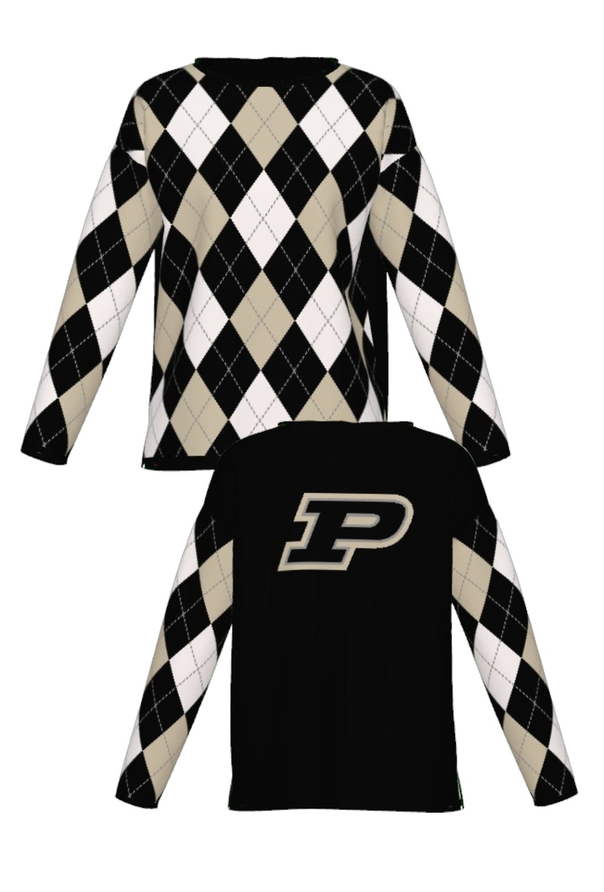 Purdue University Argyle Knit Women's Sweater in Black, White and Beige with Grey accents, Black trim and knit-in Purdue Motion P by SOUNDOFF - FRONT and BACK