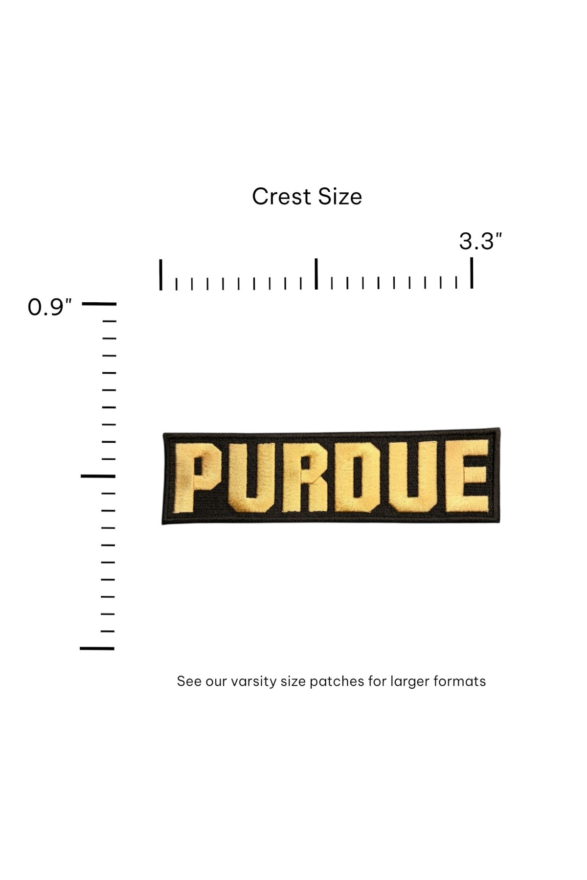 Purdue University Block Letter Embroidered Crest Patch in gold and black, 3.3 inches wide x 0.9 inches tall by SOUNDOFF - size