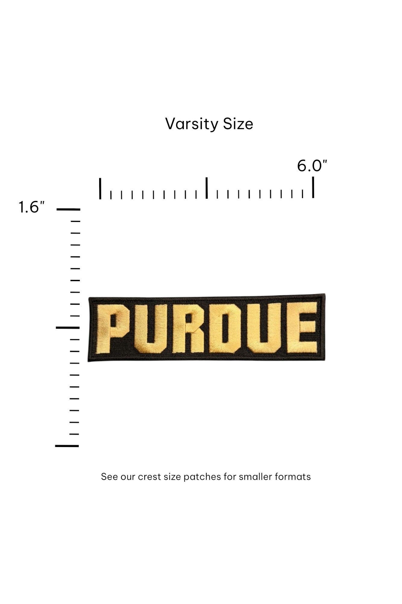 Purdue University Block Letter Embroidered Varsity Patch in gold and black, 6.0 inches wide x 1.6 inches tall by SOUNDOFF - size