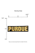 Purdue University Block Letter Embroidered Varsity Patch in gold and black, 6.0 inches wide x 1.6 inches tall by SOUNDOFF - size