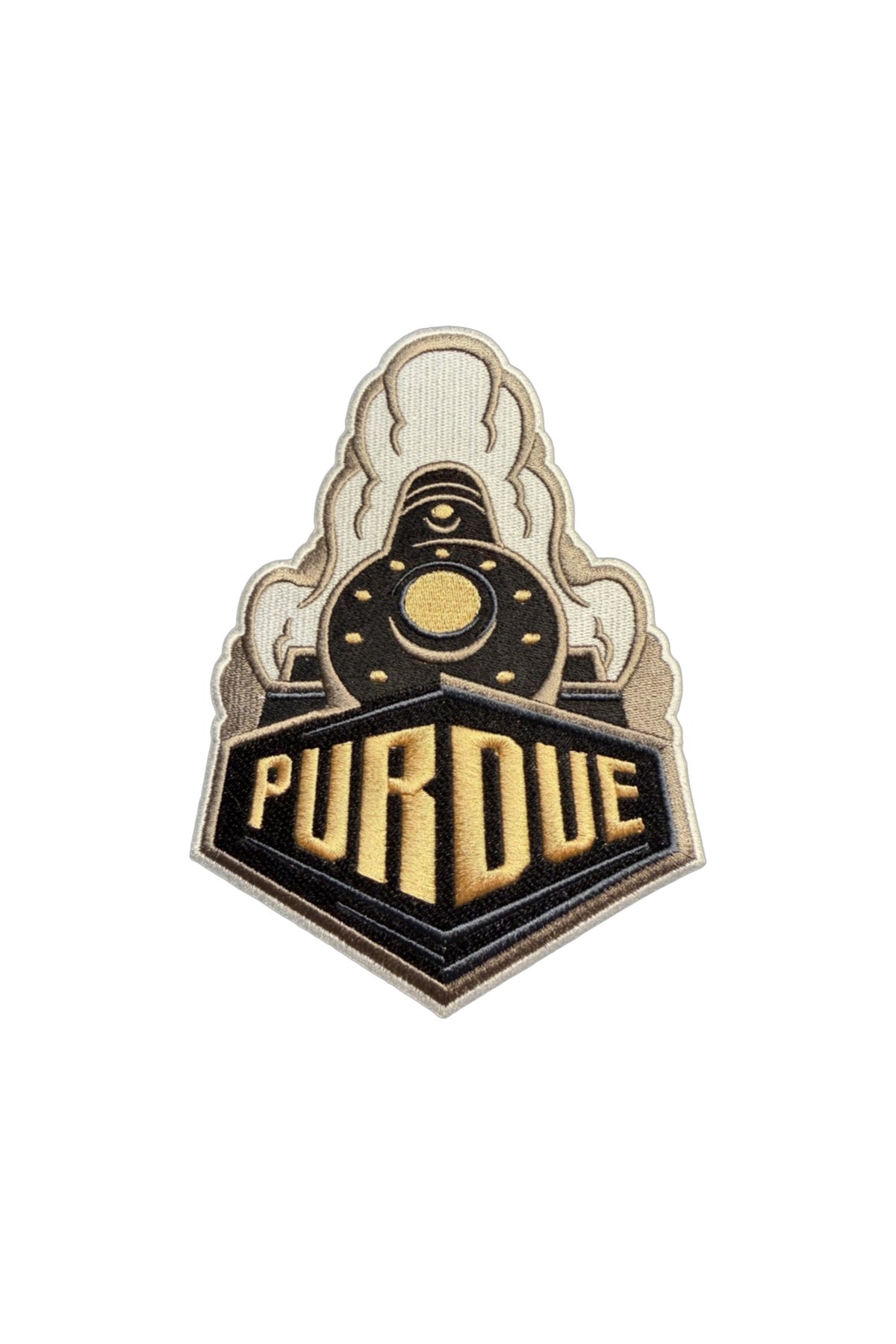 Purdue University Boilermaker Special Embroidered Crest Patch with black train, gold accents and trim, 2.4 inches wide x 3.3 inches tall by SOUNDOFF - FRONT