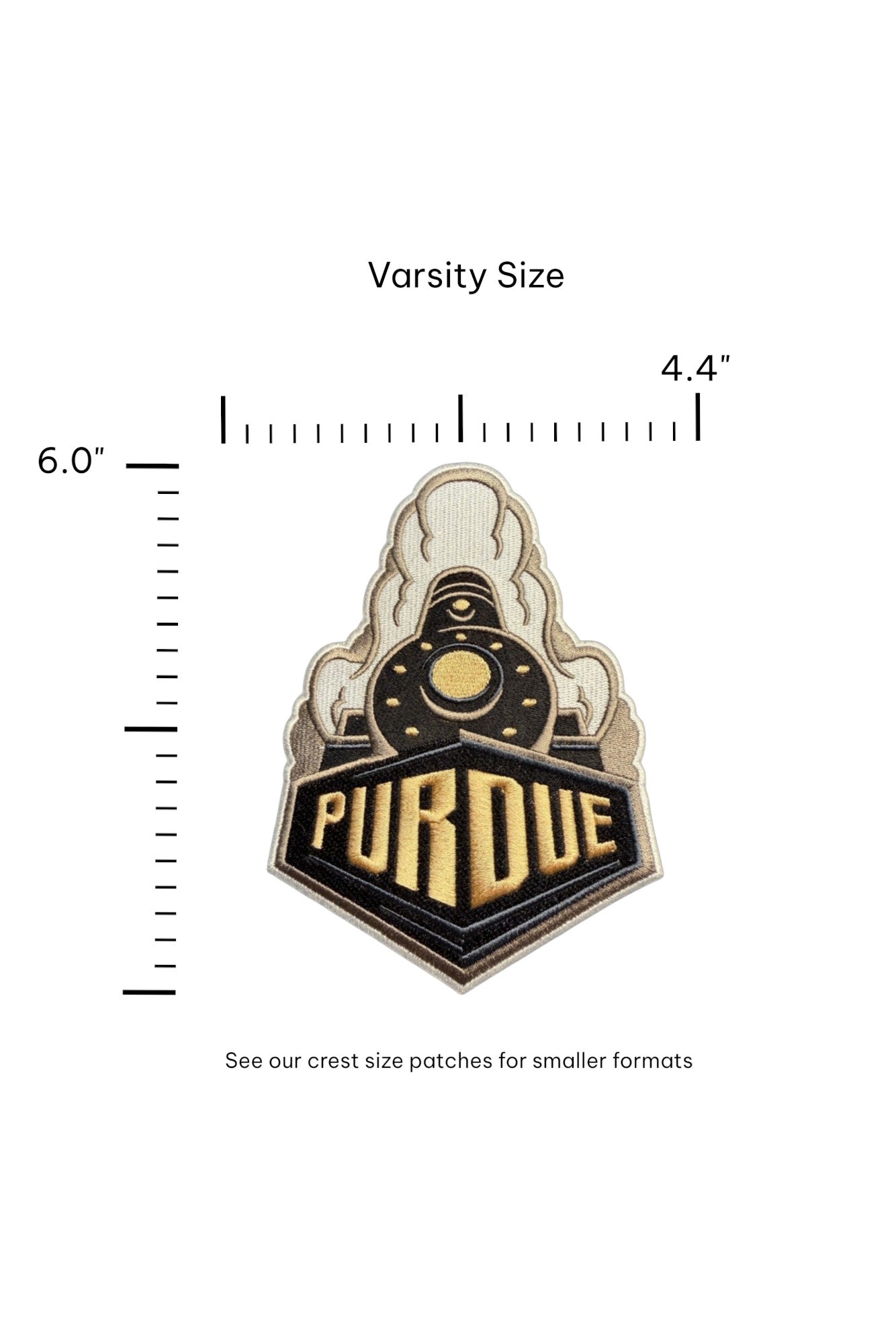 Purdue University Boilermaker Special Embroidered Varsity Patch with black train, gold accents and trim, 4.4 inches wide x 6.0 inches tall by SOUNDOFF - size