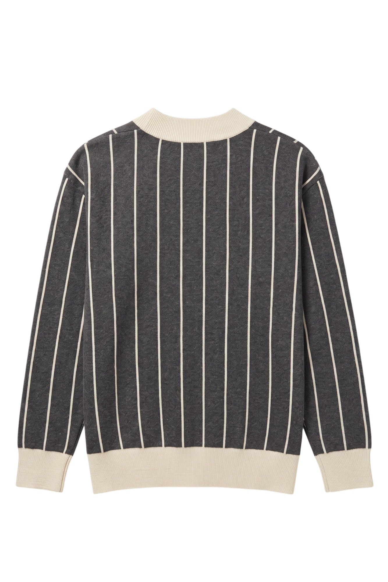 Purdue University Heritage Pinstripe Knit Sweater cardigan in charcoal grey with beige pinstripes and trim by SOUNDOFF - back