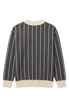 Purdue University Heritage Pinstripe Knit Sweater cardigan in charcoal grey with beige pinstripes and trim by SOUNDOFF - back