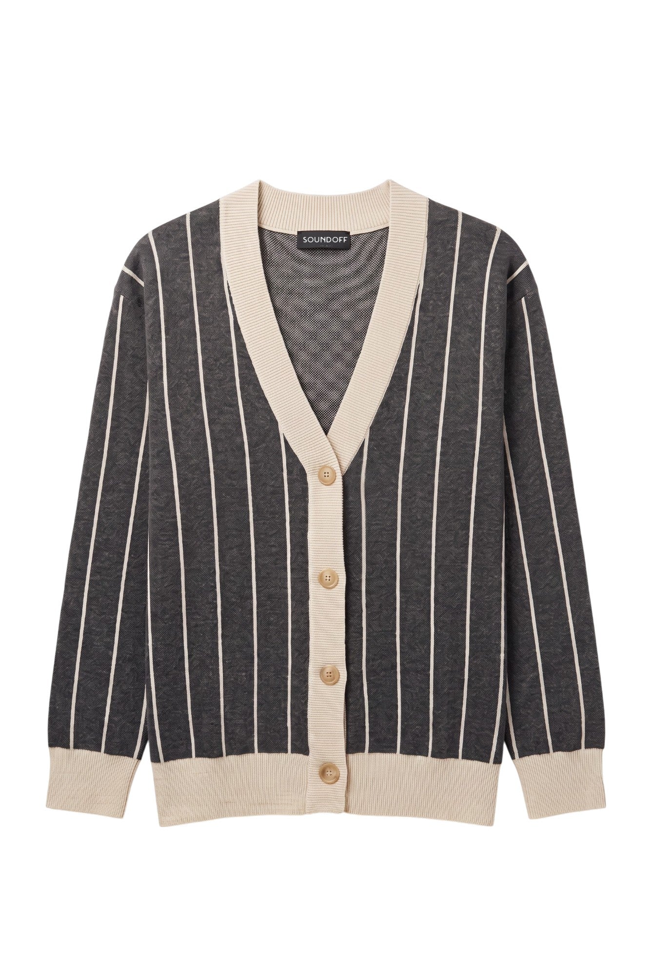 Purdue University Heritage Pinstripe Knit Sweater cardigan in charcoal grey with beige pinstripes and trim by SOUNDOFF - front