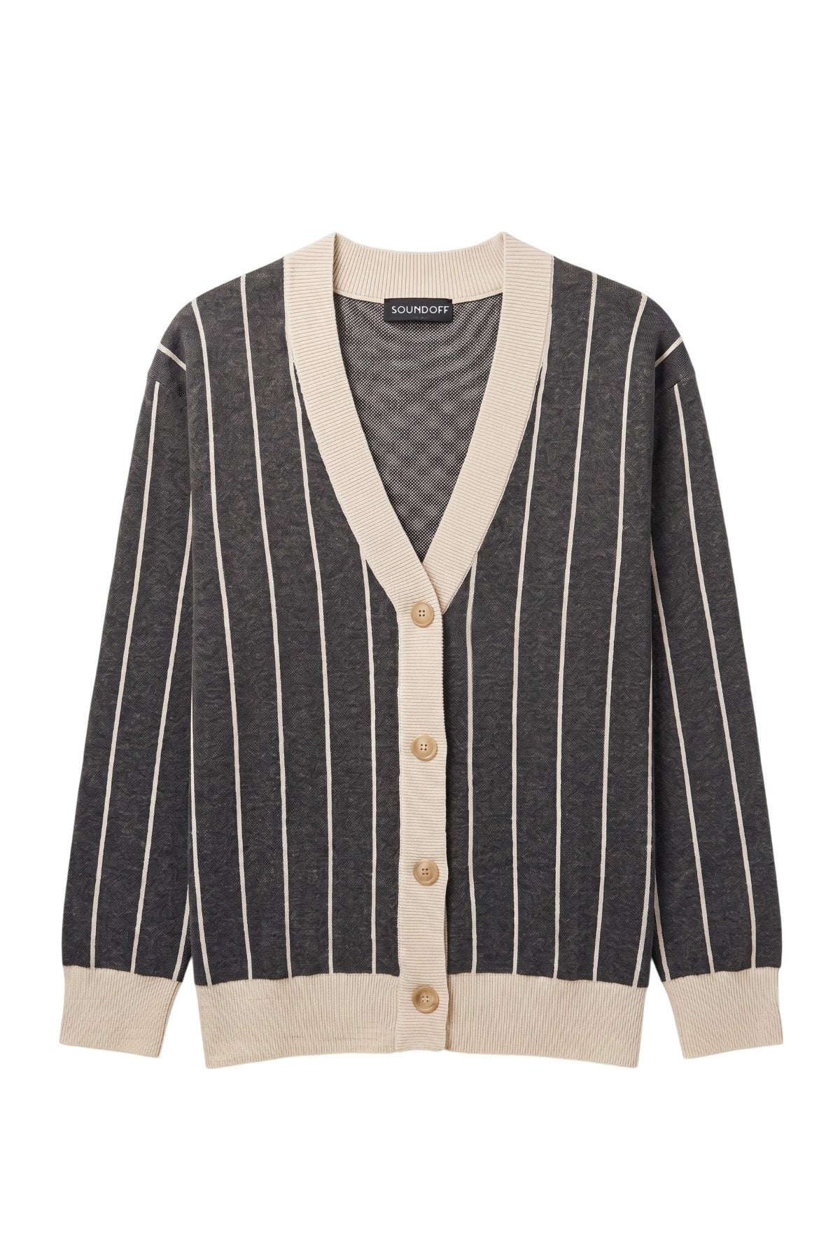Purdue University Heritage Pinstripe Knit Sweater cardigan in charcoal grey with beige pinstripes and trim by SOUNDOFF - front