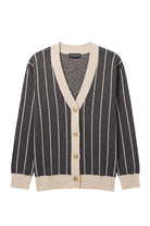 Purdue University Heritage Pinstripe Knit Sweater cardigan in charcoal grey with beige pinstripes and trim by SOUNDOFF - front