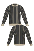 Purdue University Heritage Pinstripe Knit Sweater crew neck in charcoal grey with beige pinstripes and trim by SOUNDOFF - front and back