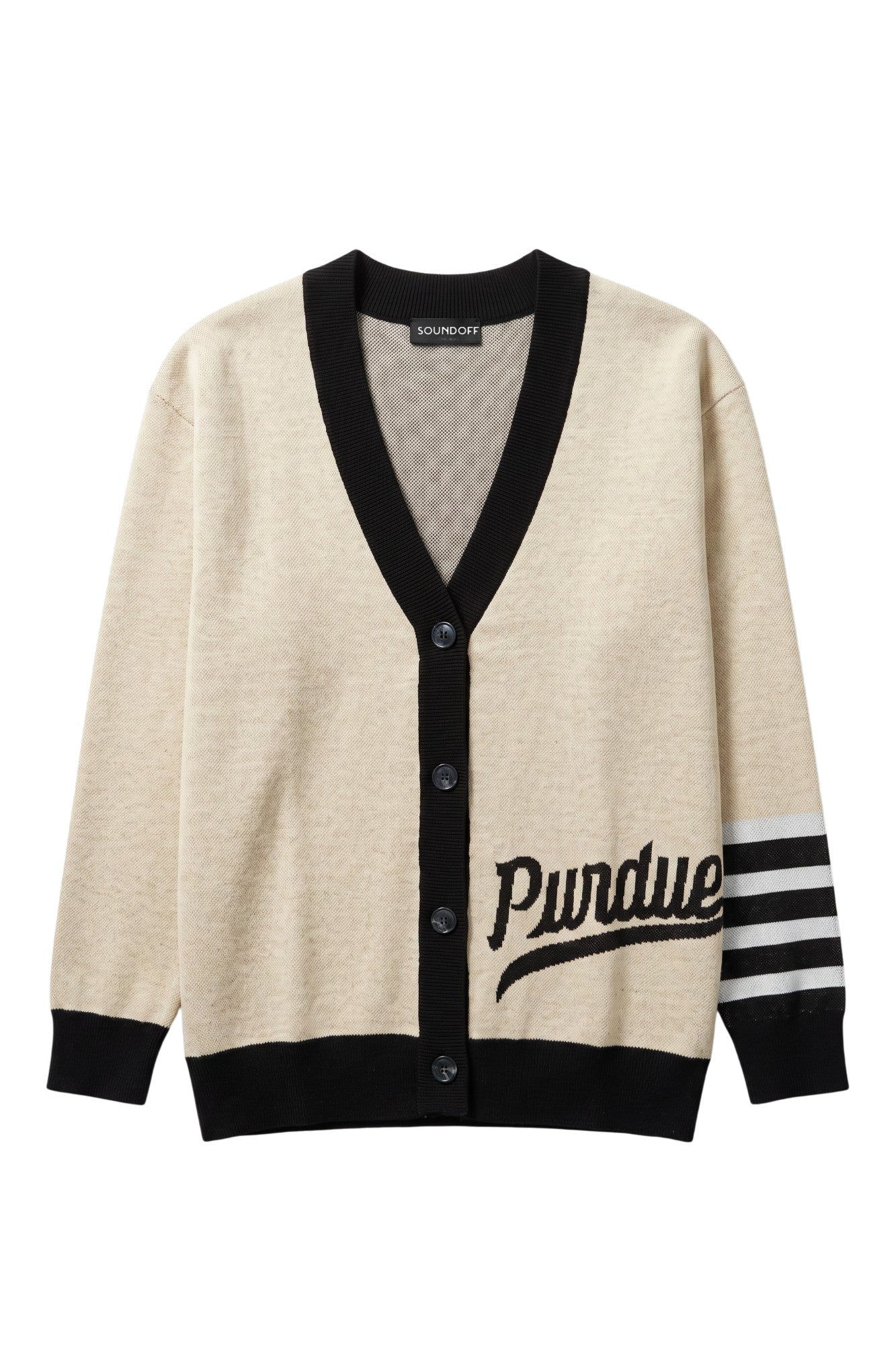 Purdue University Letterman Band Knit Sweater in Beige with Black trim, knit-in Purdue script and White and Black letterman sleeve stripes