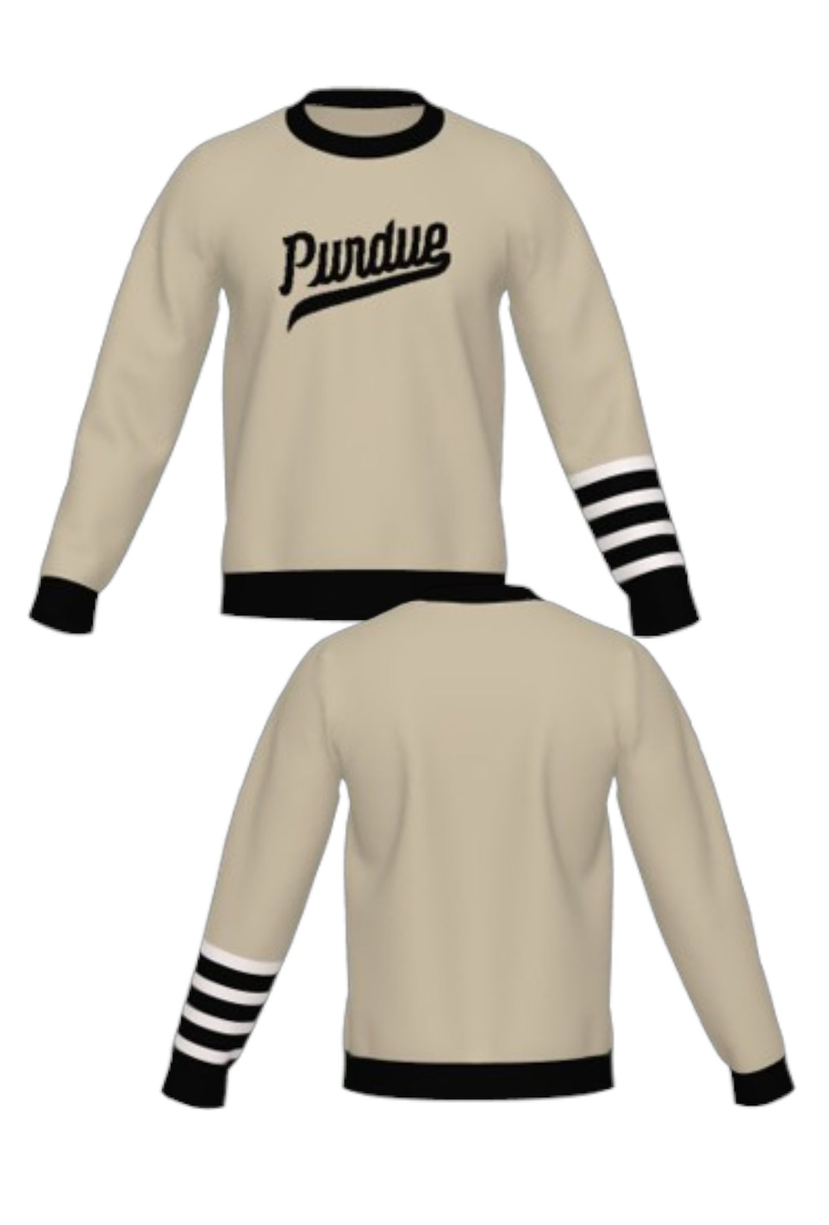 Purdue University Letterman Band Knit Crew Neck Sweater in Beige with Black trim, knit-in Purdue script and White and Black letterman sleeve stripes by SOUNDOFF - FRONT and BACK