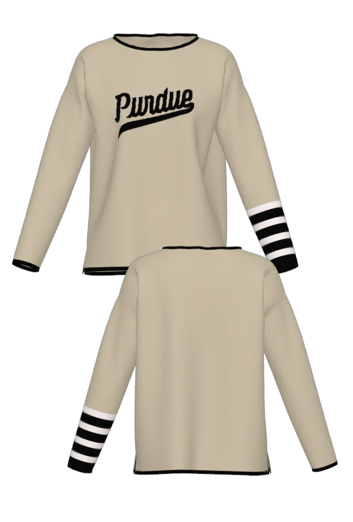 Purdue University Letterman Band Knit Woman's Sweater in Beige with Black trim, knit-in Purdue script and White and Black letterman sleeve stripes by SOUNDOFF - FRONT and BACK