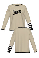 Purdue University Letterman Band Knit Woman's Sweater in Beige with Black trim, knit-in Purdue script and White and Black letterman sleeve stripes by SOUNDOFF - FRONT and BACK