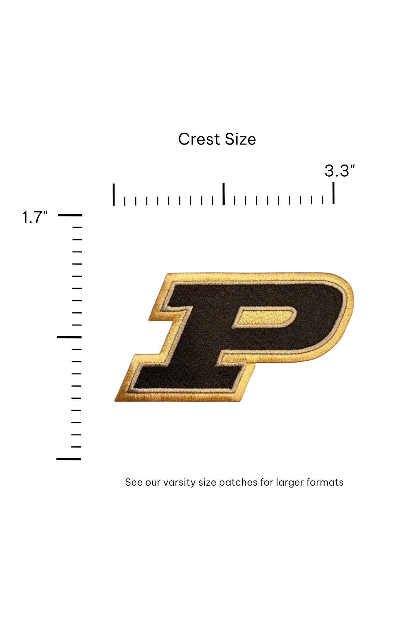 Purdue University Motion P Black Embroidered Crest Patch with gold trim, 3.3 inches wide x 1.7 inches tall by SOUNDOFF - size
