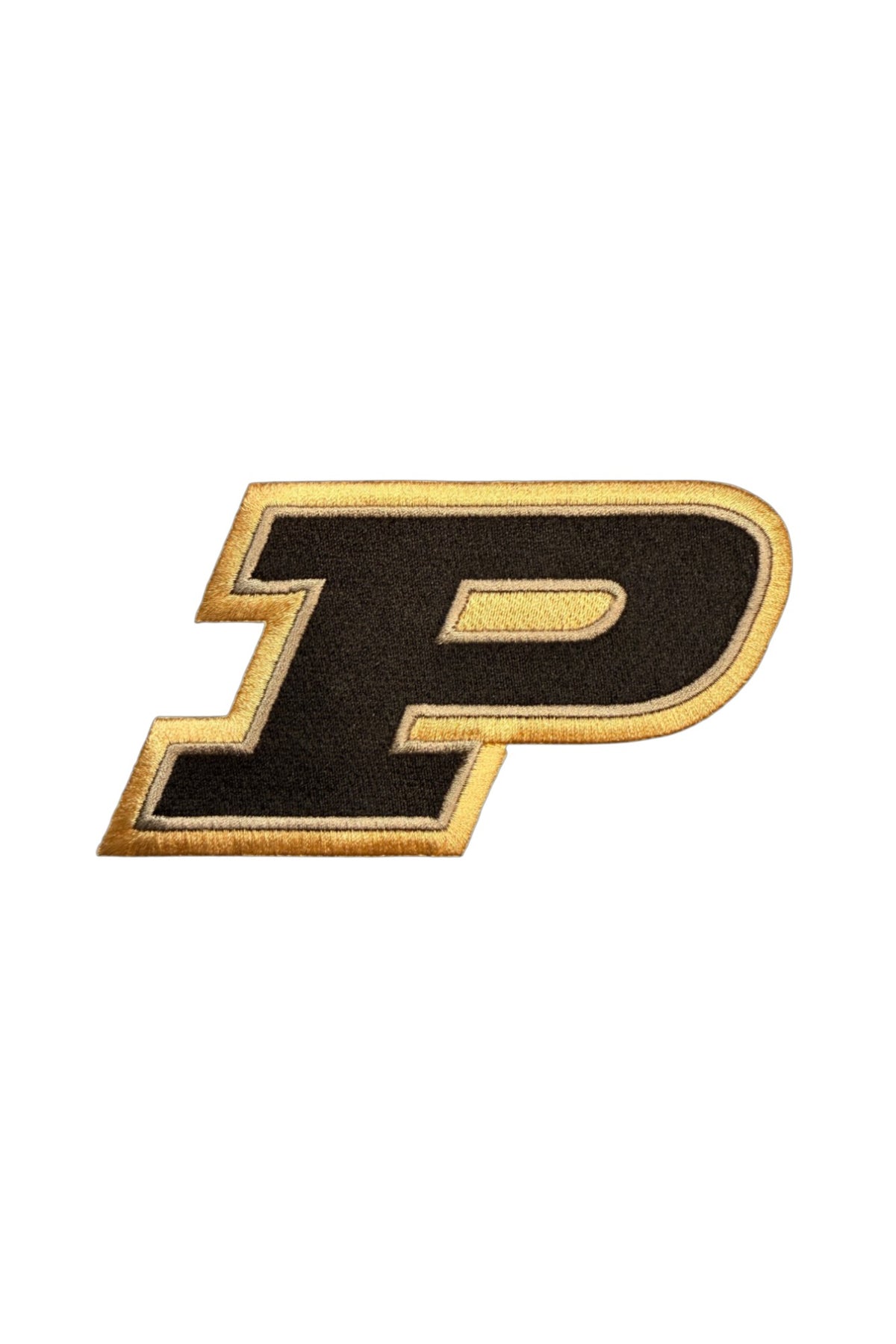 Purdue University Motion P Black Embroidered Varsity Patch with gold trim, 5.5 inches wide x 2.9 inches tall by SOUNDOFF - FRONT