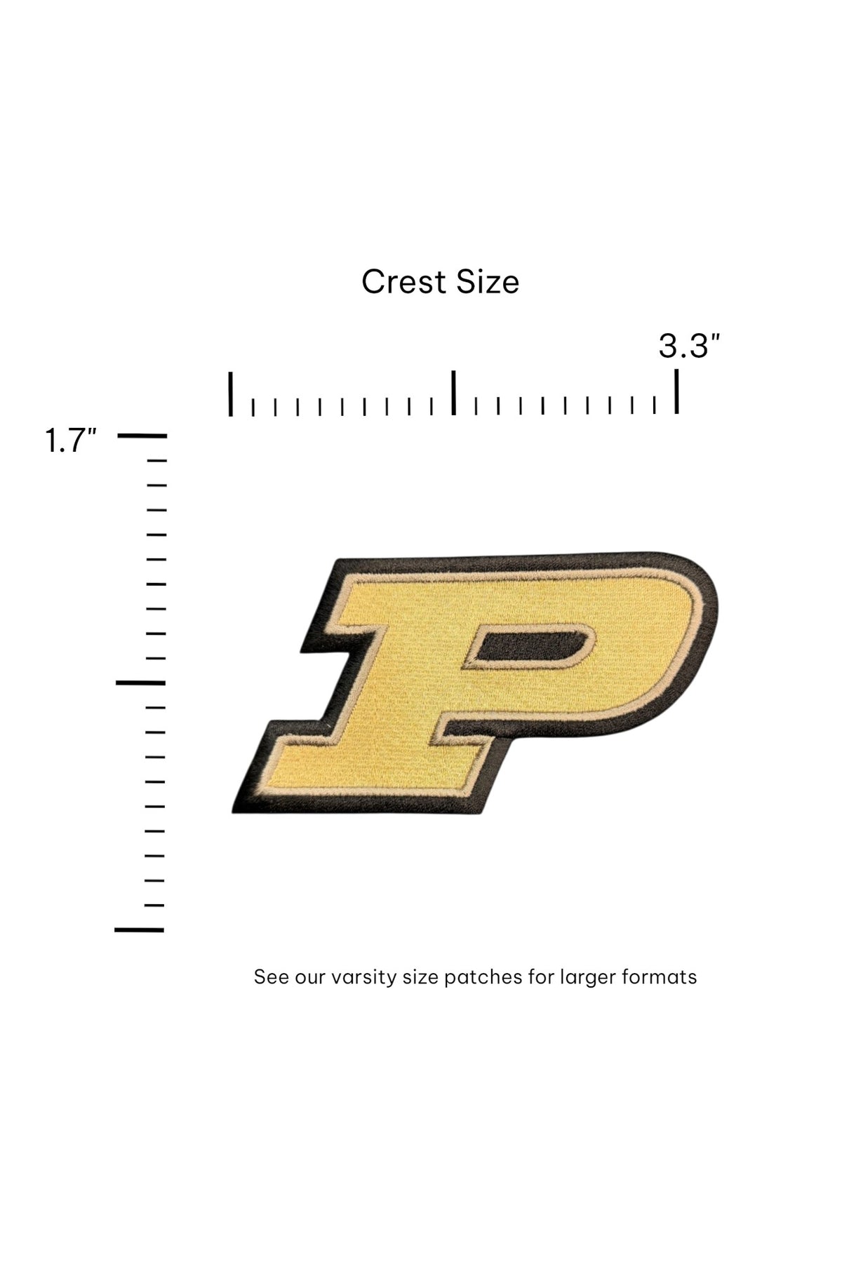 Purdue University Motion P Gold Embroidered Crest Patch in gold with black trim, 3.3 inches wide x 1.7 inches tall by SOUNDOFF - size