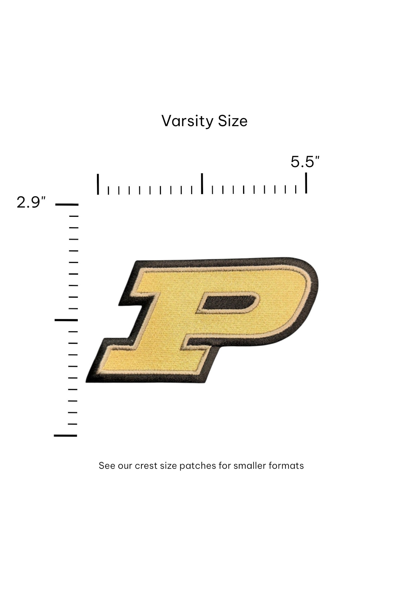 Purdue University Motion P Gold Embroidered Varsity Patch in gold with black trim, 5.5 inches wide x 2.9 inches tall by SOUNDOFF - size