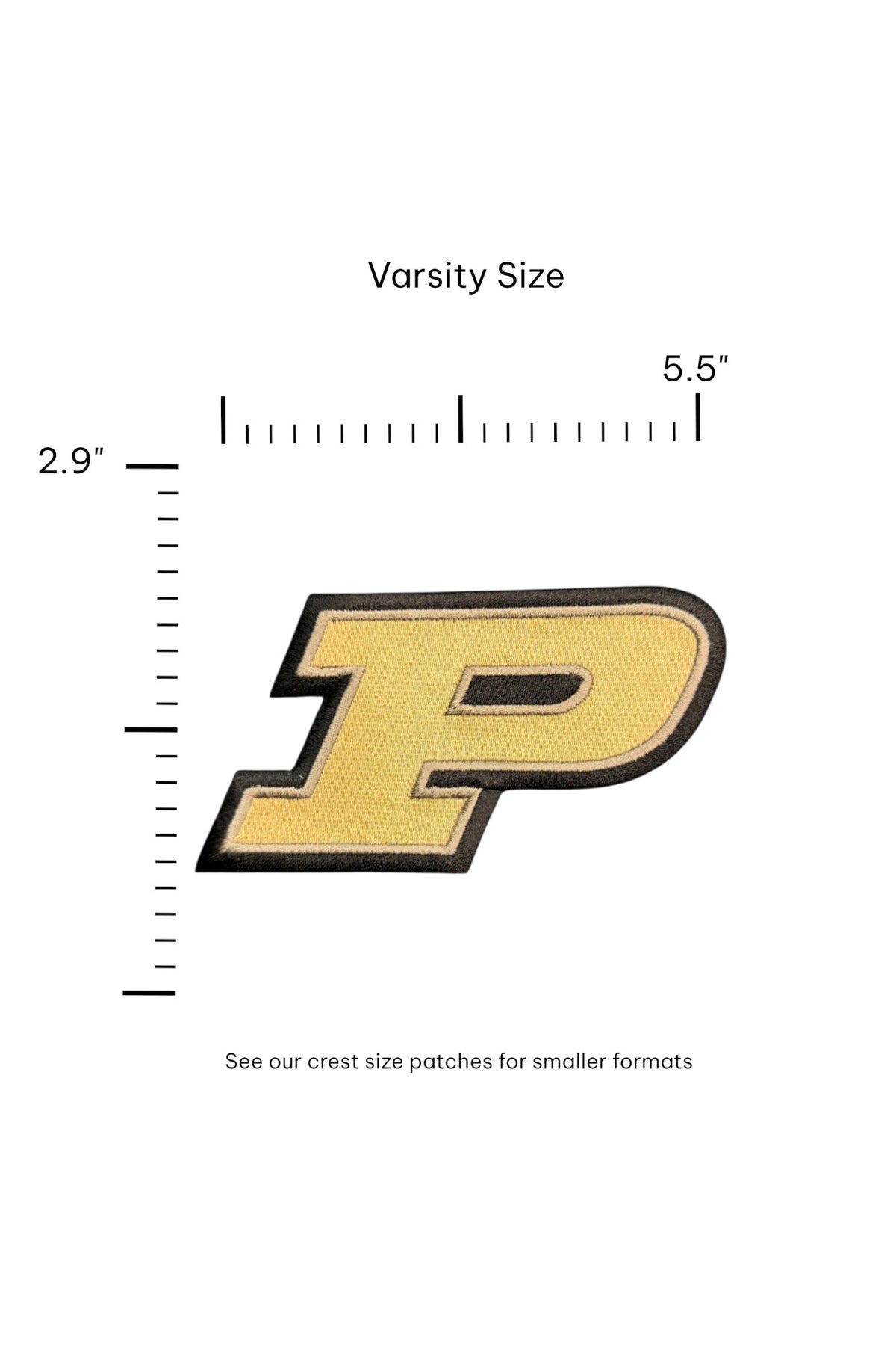 Purdue University Motion P Gold Embroidered Varsity Patch in gold with black trim, 5.5 inches wide x 2.9 inches tall by SOUNDOFF - size