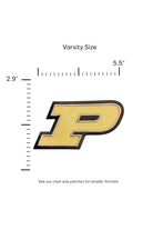 Purdue University Motion P Gold Embroidered Varsity Patch in gold with black trim, 5.5 inches wide x 2.9 inches tall by SOUNDOFF - size