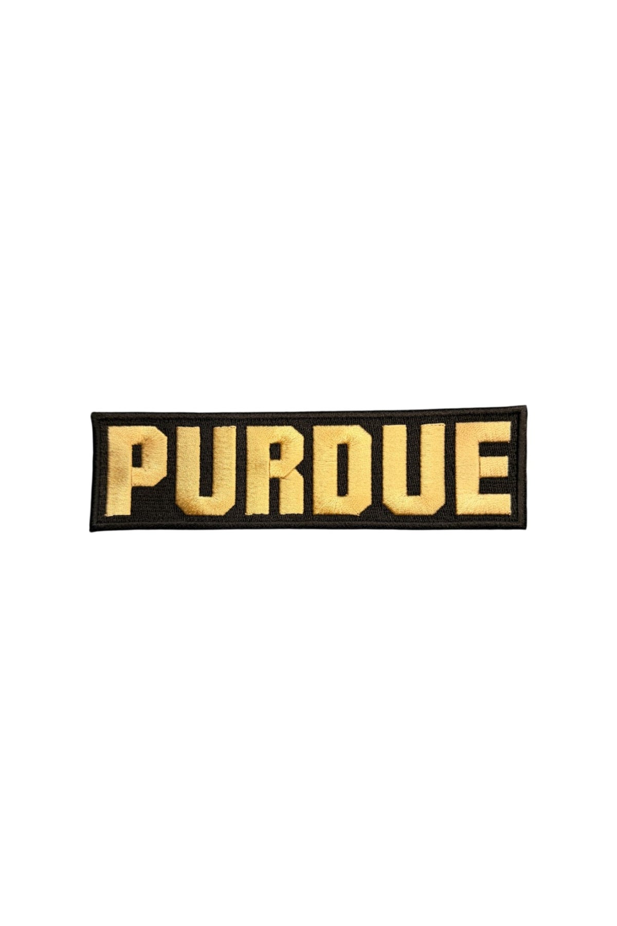 Purdue University Block Letter Embroidered Crest Patch in gold and black, 3.3 inches wide x 0.9 inches tall by SOUNDOFF - FRONT