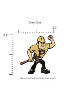 Purdue University Purdue Pete Embroidered Crest Patch in gold, black and white, 3.0 inches wide x 3.3 inches tall by SOUNDOFF - size