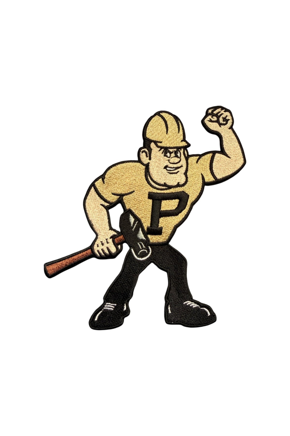 Purdue University Purdue Pete Embroidered Crest Patch in gold, black and white, 3.0 inches wide x 3.3 inches tall by SOUNDOFF - FRONT