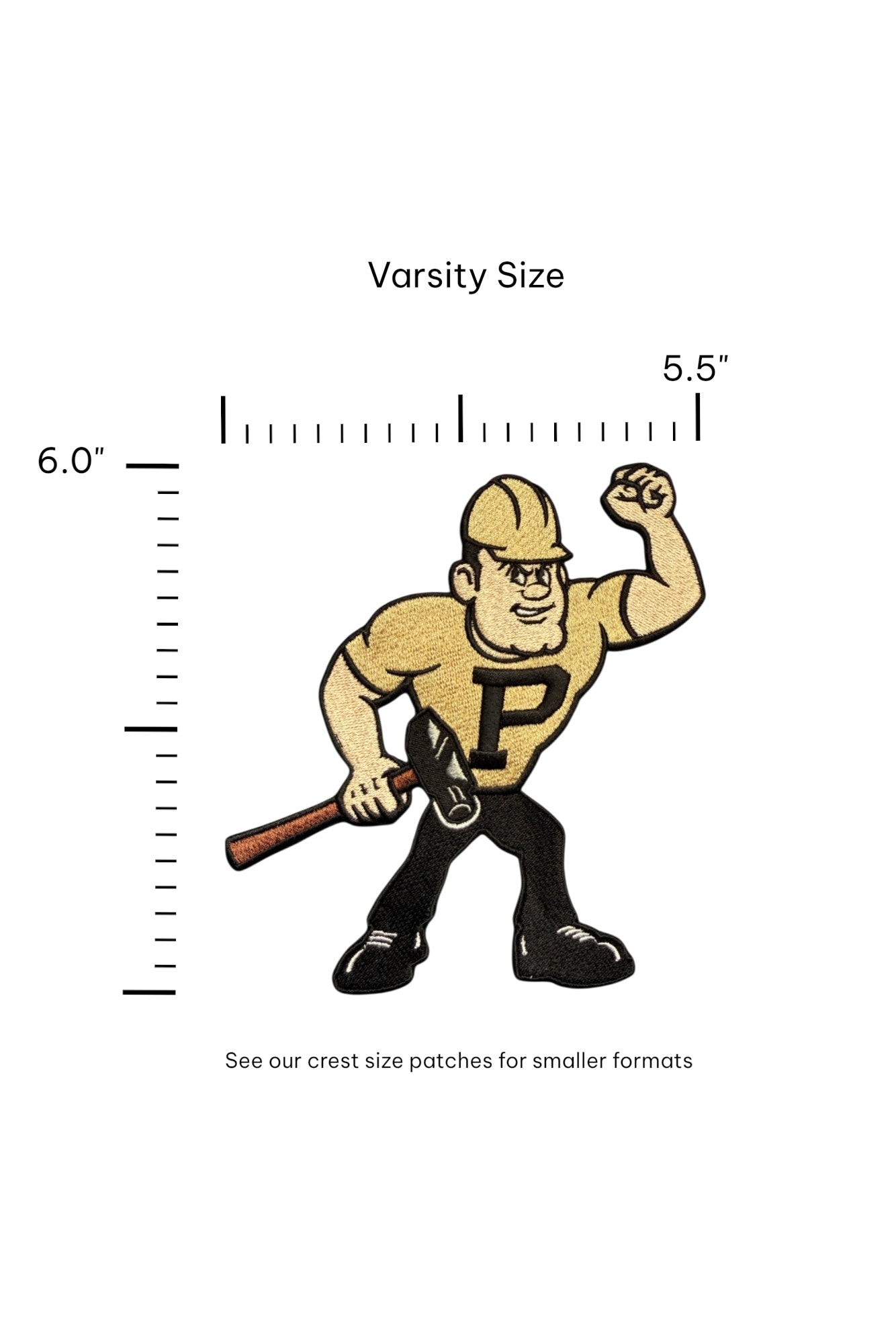 Purdue University Purdue Pete Embroidered Varsity Patch in gold, black and white, 5.5 inches wide x 6.0 inches tall by SOUNDOFF - size