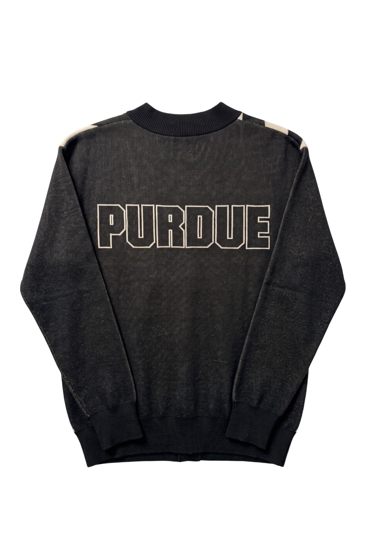 Purdue University Repp Stripe Knit Cardigan Sweater in Black with angled Beige and White stripes and knit-in PURDUE back graphic by SOUNDOFF -  BACK