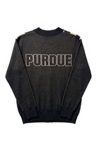 Purdue University Repp Stripe Knit Cardigan Sweater in Black with angled Beige and White stripes and knit-in PURDUE back graphic by SOUNDOFF -  BACK