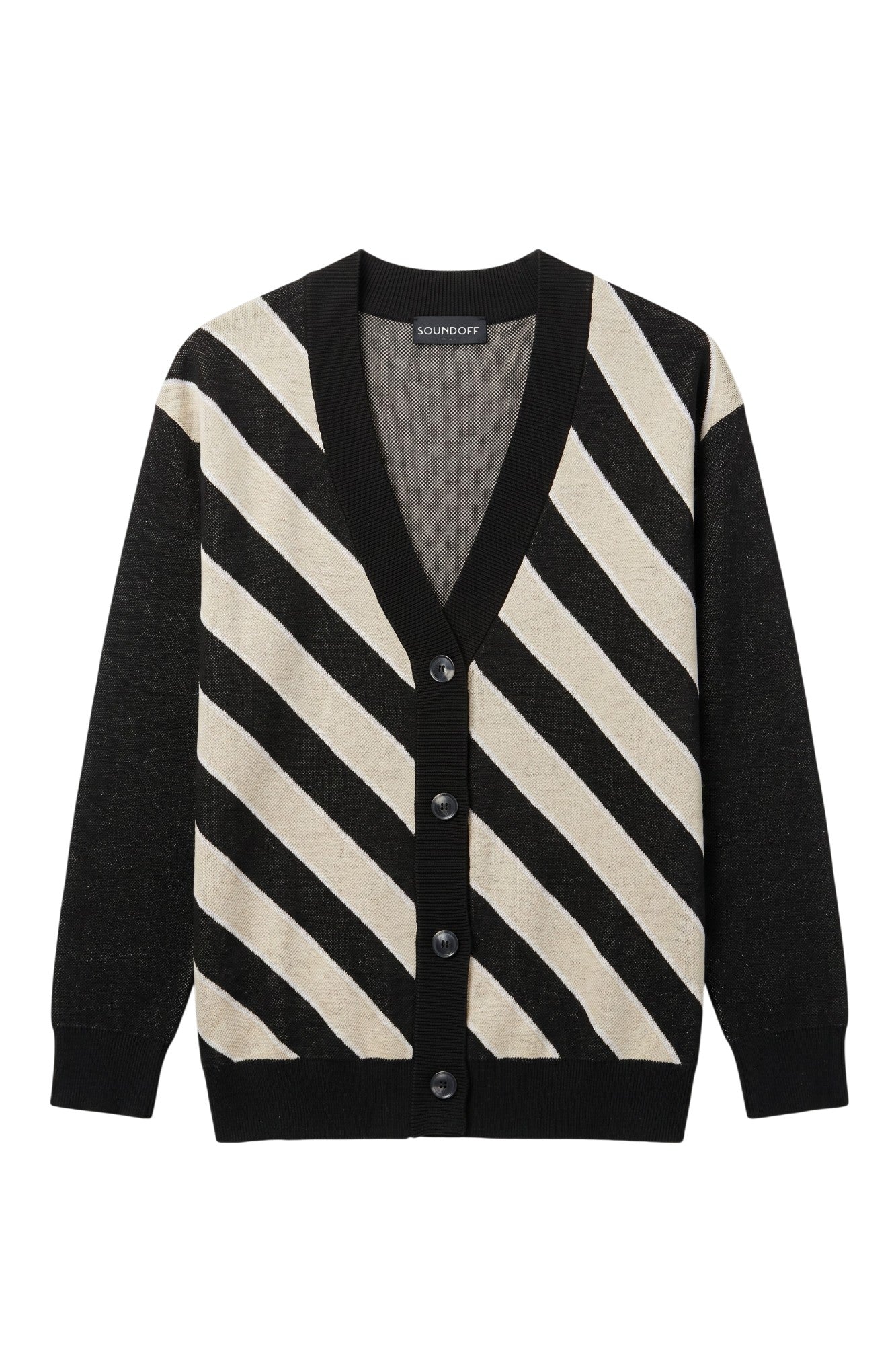 Purdue University Repp Stripe Knit Cardigan Sweater in Black with angled Beige and White stripes and knit-in PURDUE back graphic by SOUNDOFF - FRONT