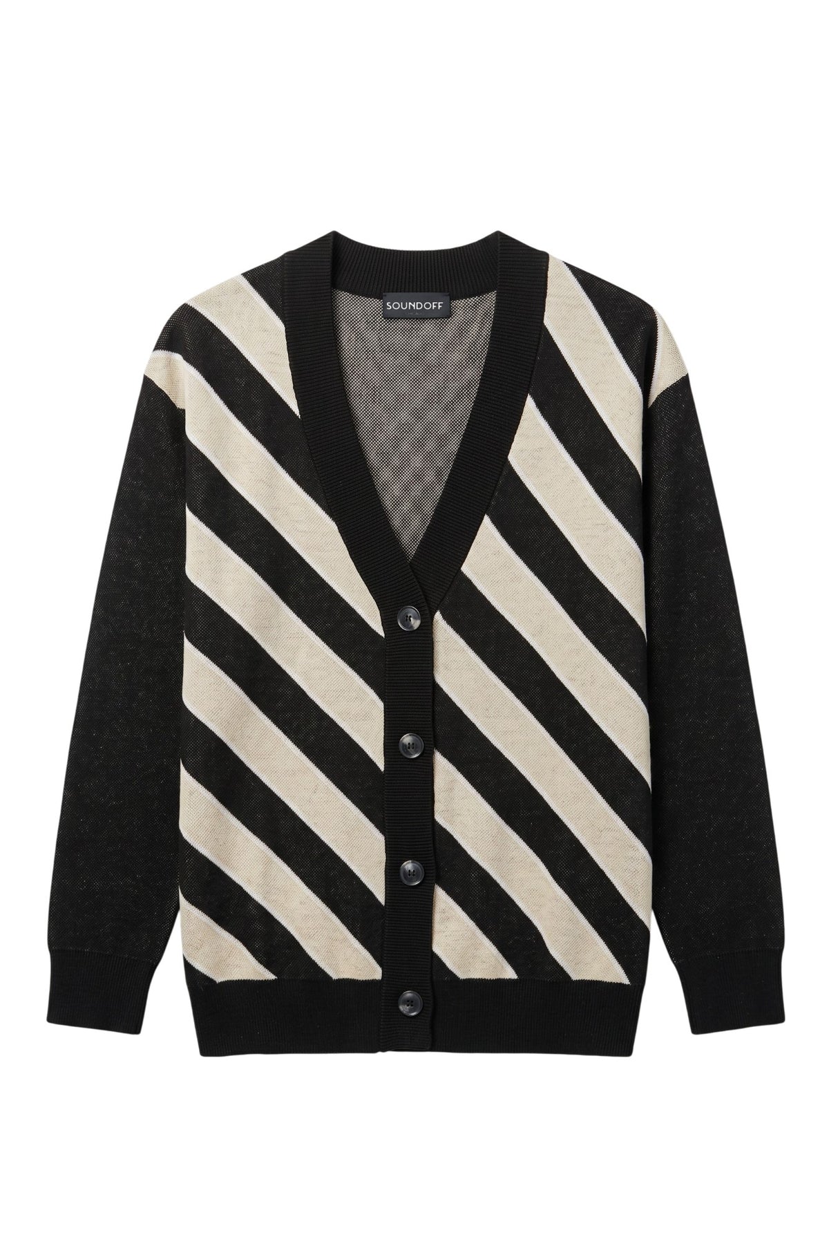 Purdue University Repp Stripe Knit Cardigan Sweater in Black with angled Beige and White stripes and knit-in PURDUE back graphic by SOUNDOFF - FRONT