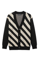 Purdue University Repp Stripe Knit Cardigan Sweater in Black with angled Beige and White stripes and knit-in PURDUE back graphic by SOUNDOFF - FRONT