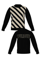 Purdue University Repp Stripe Knit Crew Neck Sweater in Black with angled Beige and White stripes and knit-in PURDUE back graphic by SOUNDOFF - FRONT and BACK