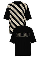 Purdue University Repp Stripe Knit Short Sleeve Sweater in Black with angled Beige and White stripes and knit-in PURDUE back graphic by SOUNDOFF - FRONT and BACK