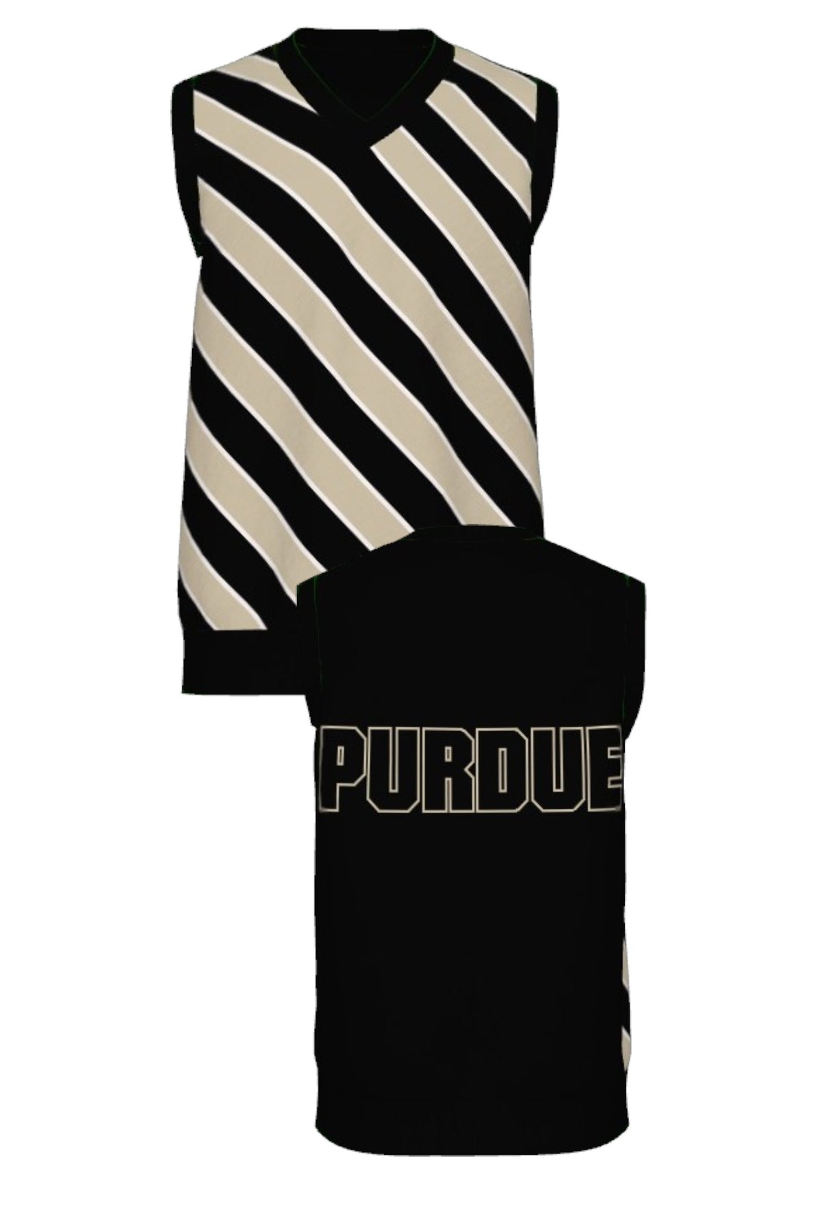 Purdue University Repp Stripe Knit V-Neck Vest Sweater in Black with angled Beige and White stripes and knit-in PURDUE back graphic by SOUNDOFF - FRONT and BACK