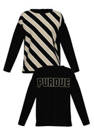 Purdue University Repp Stripe Knit Women's Sweater in Black with angled Beige and White stripes and knit-in PURDUE back graphic by SOUNDOFF - FRONT and BACK