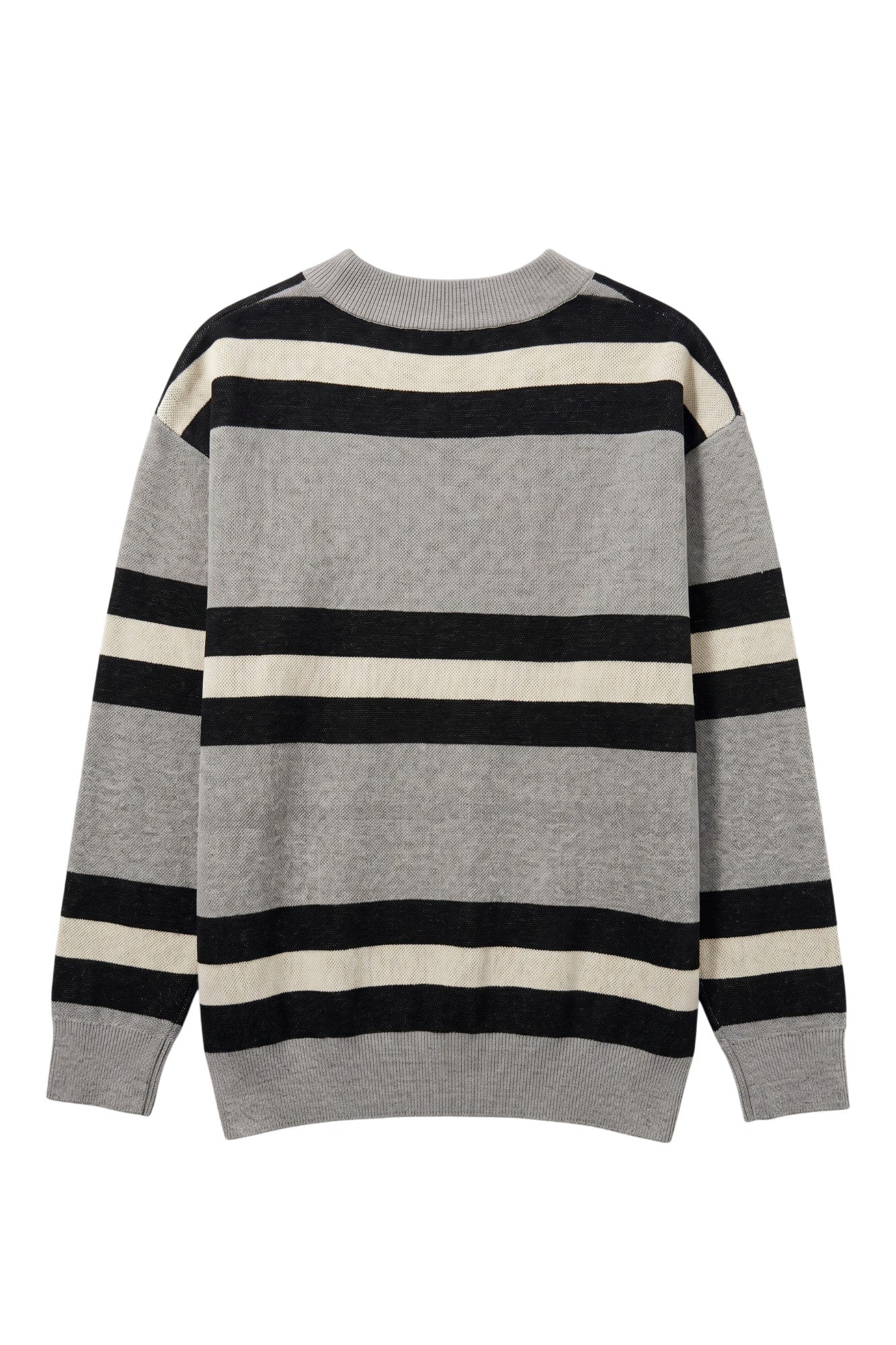 Purdue University Rugby Stripe Knit Cardigan Sweater in Grey with Black and Beige horizontal rugby stripes and knit-in Purdue Motion P by SOUNDOFF - BACK