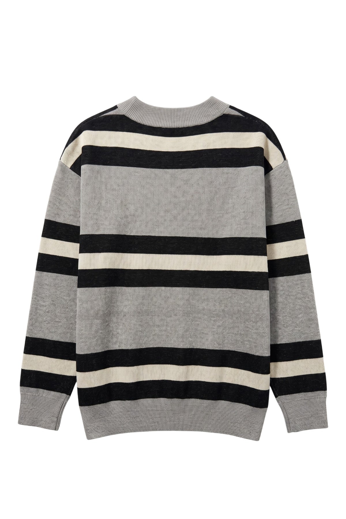 Purdue University Rugby Stripe Knit Cardigan Sweater in Grey with Black and Beige horizontal rugby stripes and knit-in Purdue Motion P by SOUNDOFF - BACK