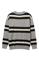 Purdue University Rugby Stripe Knit Cardigan Sweater in Grey with Black and Beige horizontal rugby stripes and knit-in Purdue Motion P by SOUNDOFF - BACK